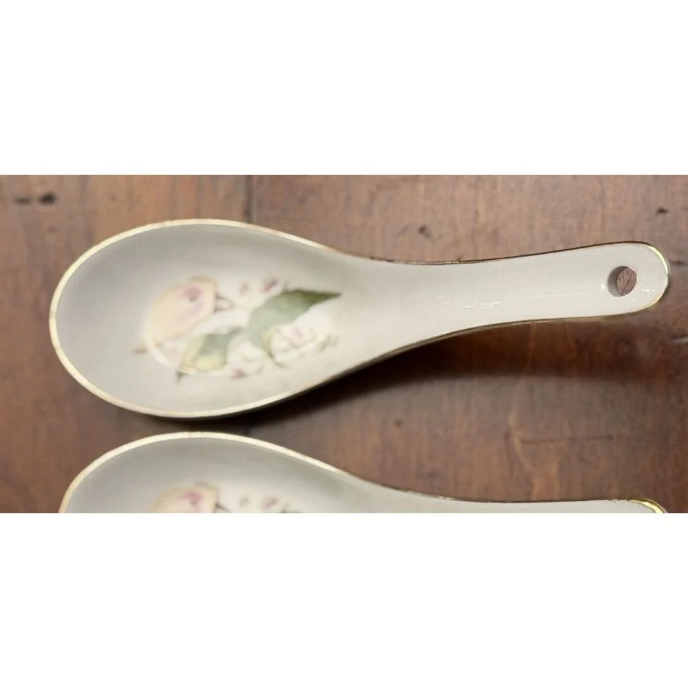 Set Of 4 Vintage Tatung Chinese Porcelain Soup Spoon w/h Pink Flower & Gold Rim